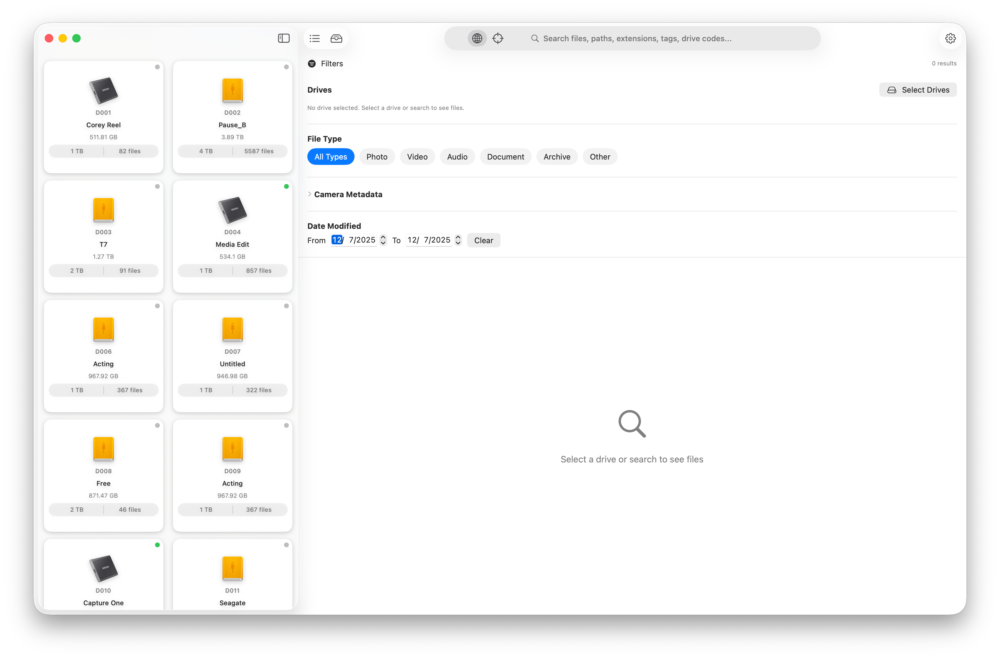 DriveIndex macOS app interface showing drive list with indexed external drives, search functionality, and metadata extraction